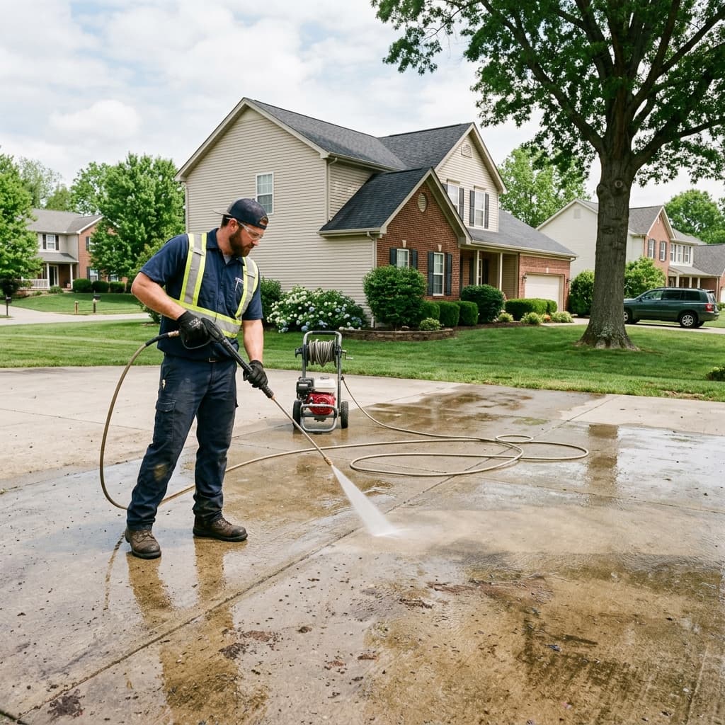 Home service worker pressure washing a driveway
